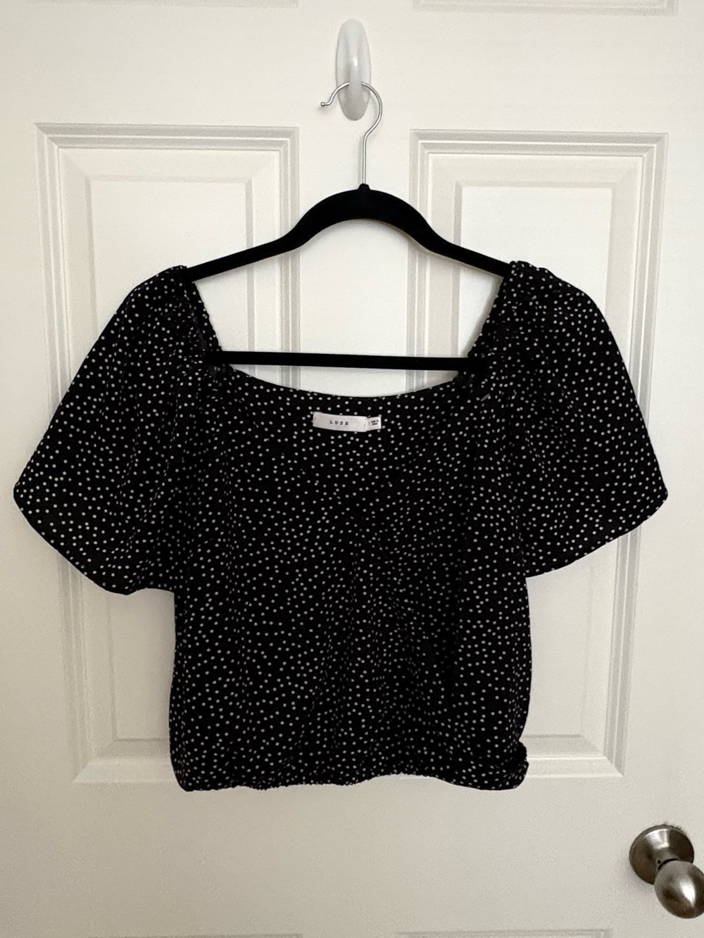 Lush Black White Polka Dot Puff Sleeve Crop Top